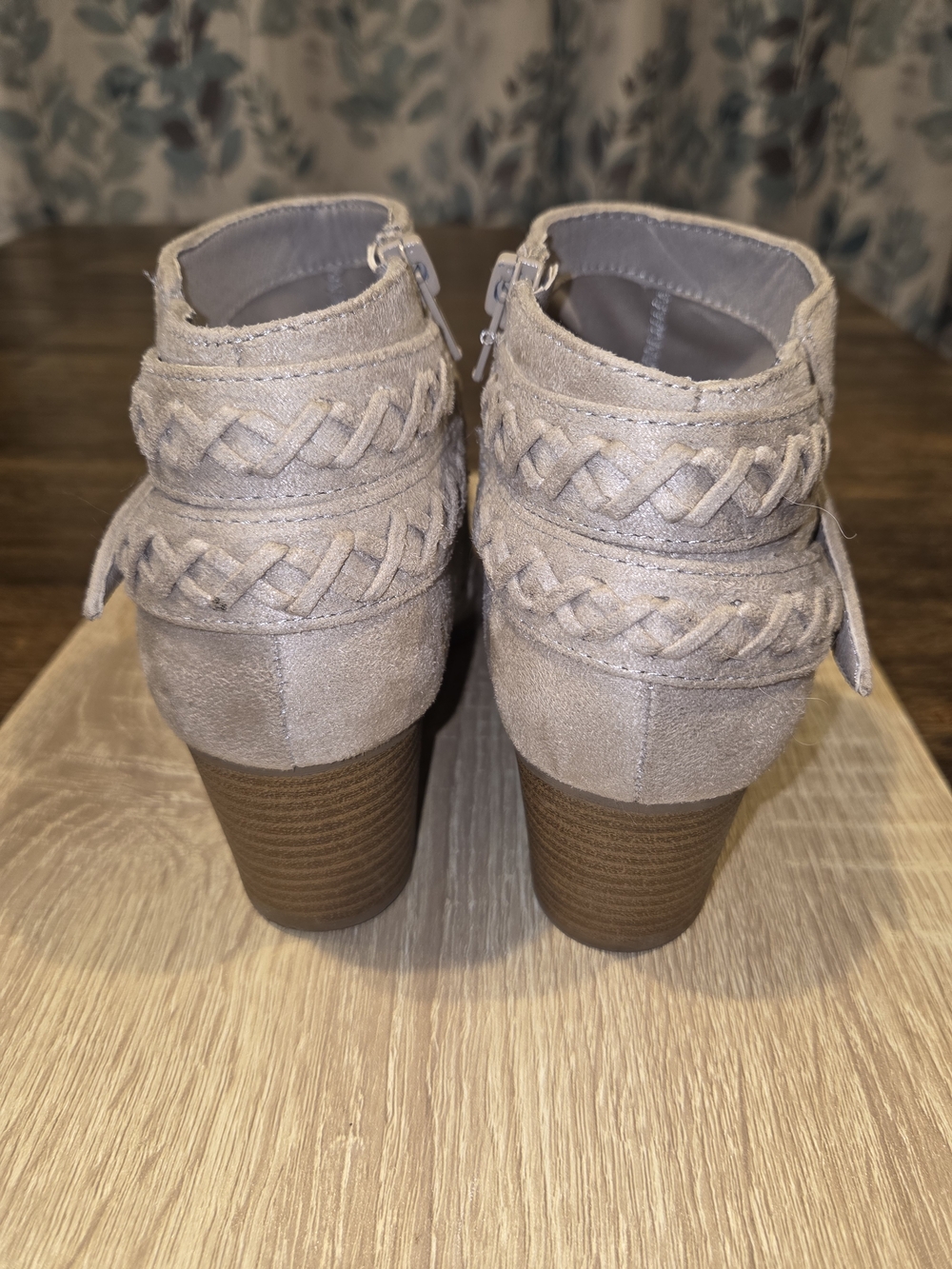 Indigo Road Taupe Braided Suede Ankle Booties with Stacked Heel - Picture 4 of 9